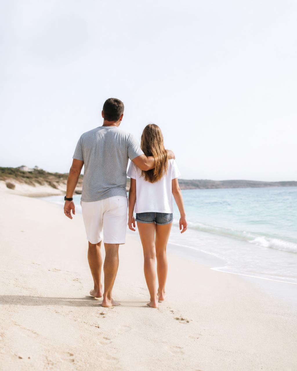 Pai e filha caminhando juntos em uma praia clara